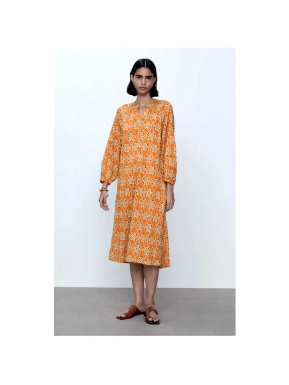 Zara Orange Floral Print Midi Dress - Casual Women's Dress